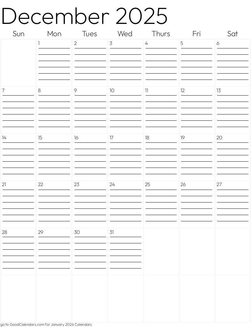 Lined December 2025 Calendar Template in Portrait