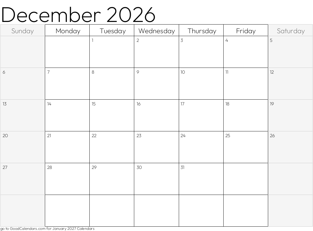 Shaded Weekends December 2026 Calendar Template in Landscape