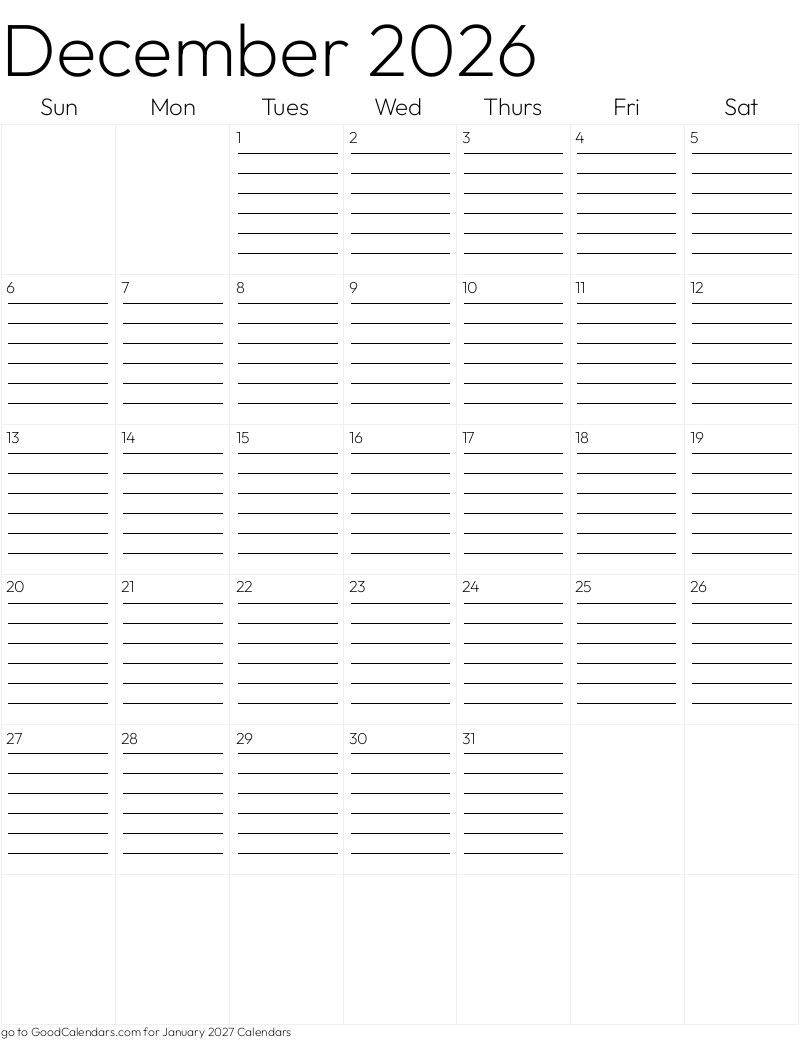 Lined December 2026 Calendar Template in Portrait