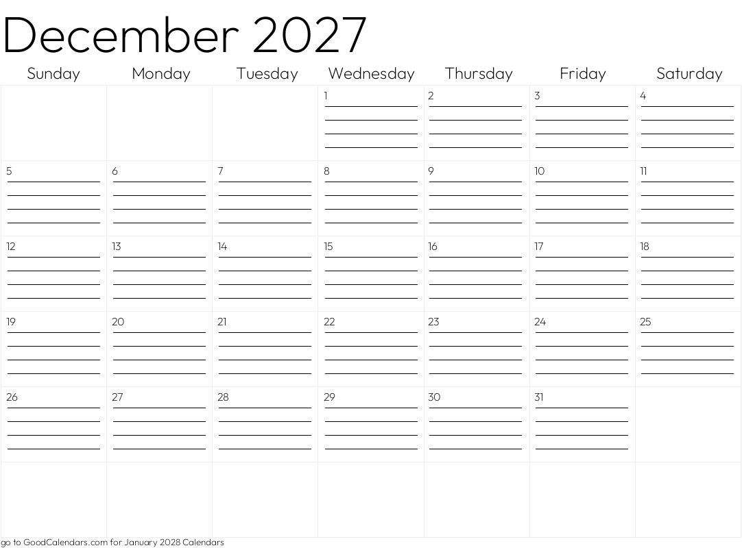 Lined December 2027 Calendar Template in Landscape