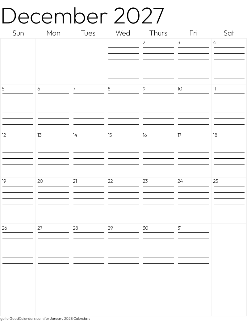 Lined December 2027 Calendar Template in Portrait