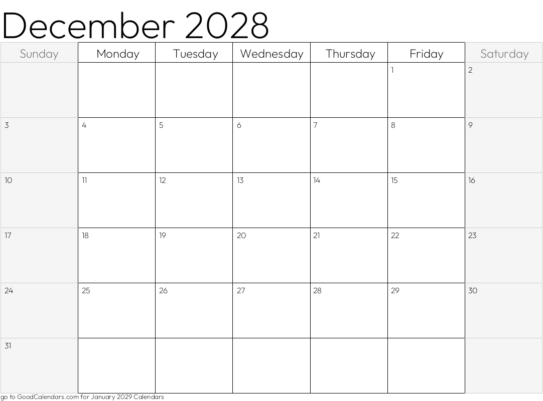 Shaded Weekends December 2028 Calendar Template in Landscape