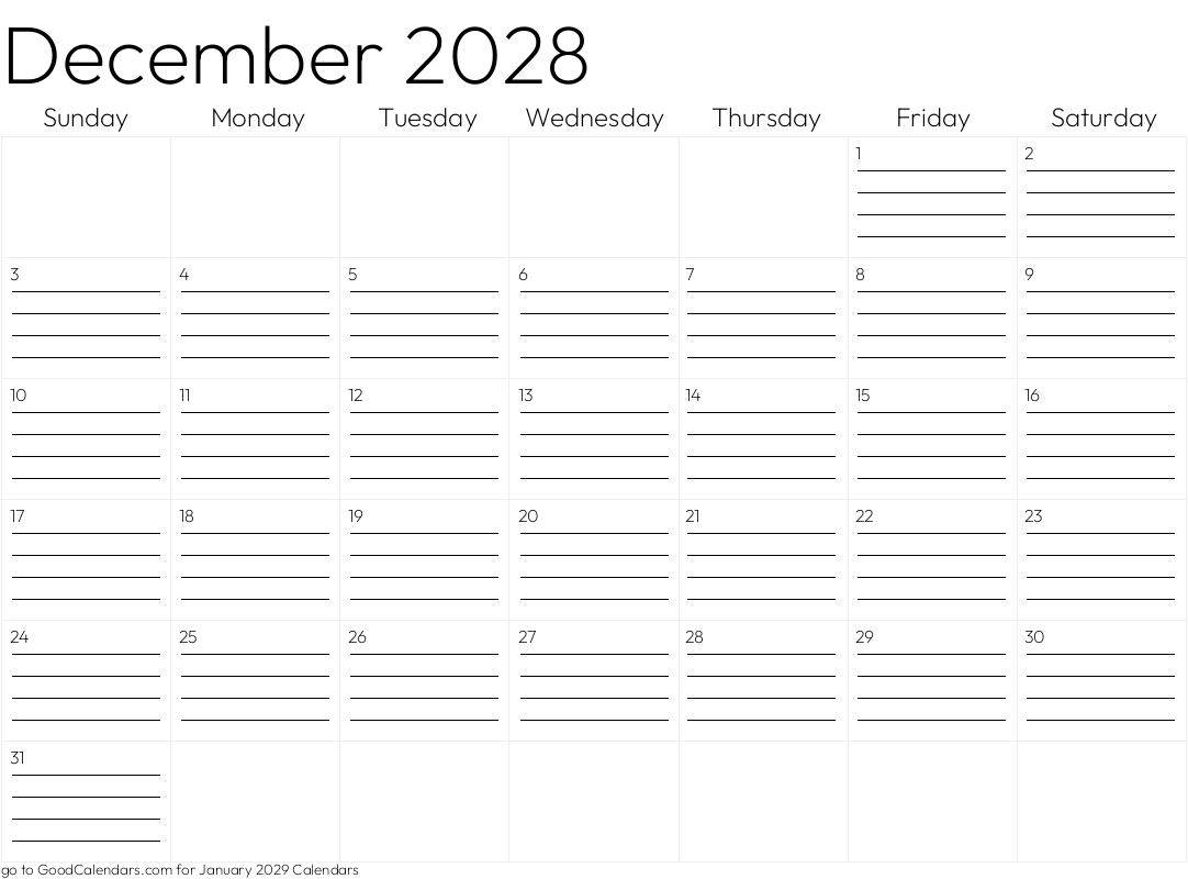 Lined December 2028 Calendar Template in Landscape