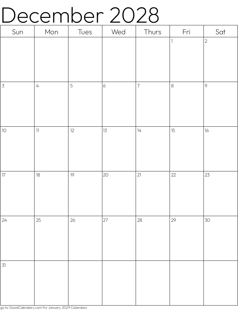 Standard December 2028 Calendar Template in Portrait