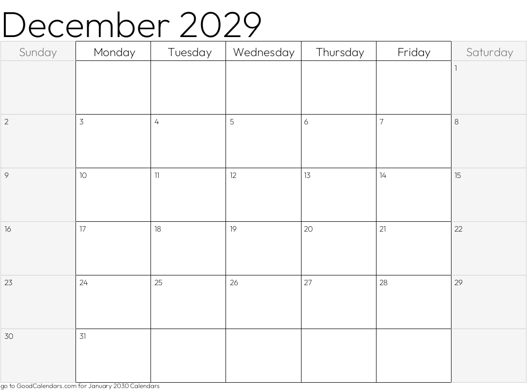 Shaded Weekends December 2029 Calendar Template in Landscape