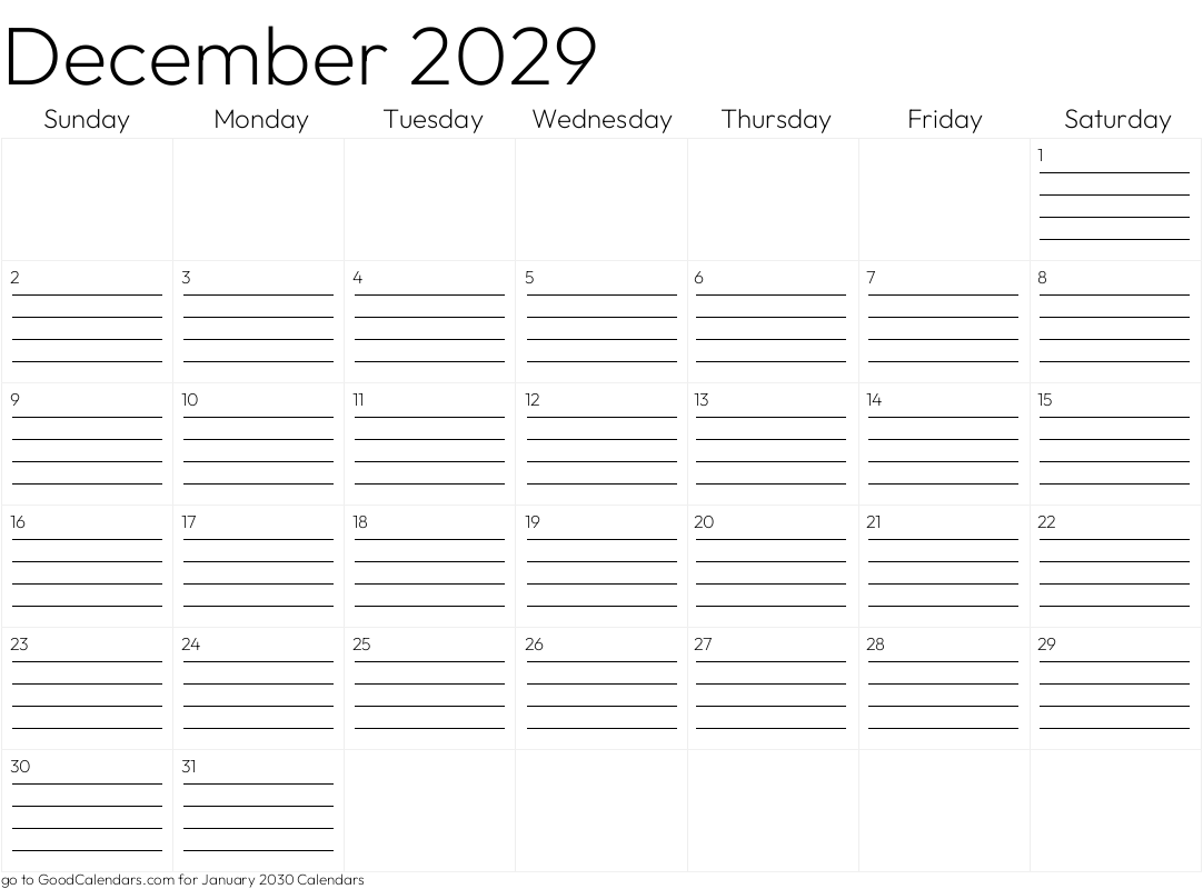 Lined December 2029 Calendar Template in Landscape