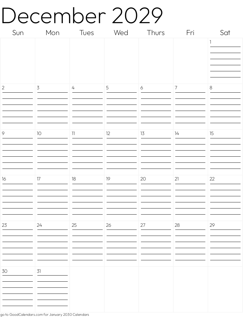 Lined December 2029 Calendar Template in Portrait