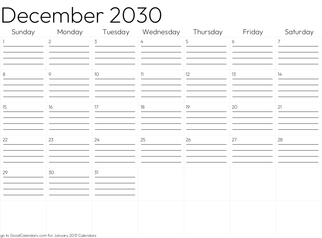 Lined December 2030 Calendar Template in Landscape