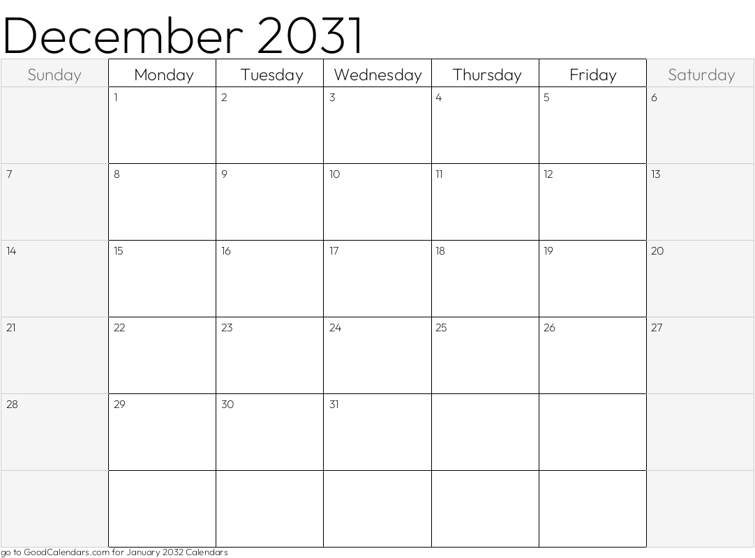 Shaded Weekends December 2031 Calendar Template in Landscape