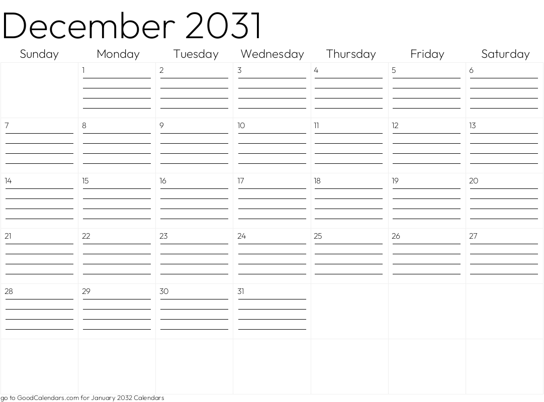 Lined December 2031 Calendar Template in Landscape