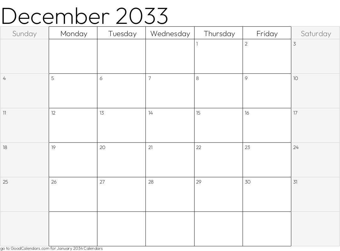 Shaded Weekends December 2033 Calendar Template in Landscape