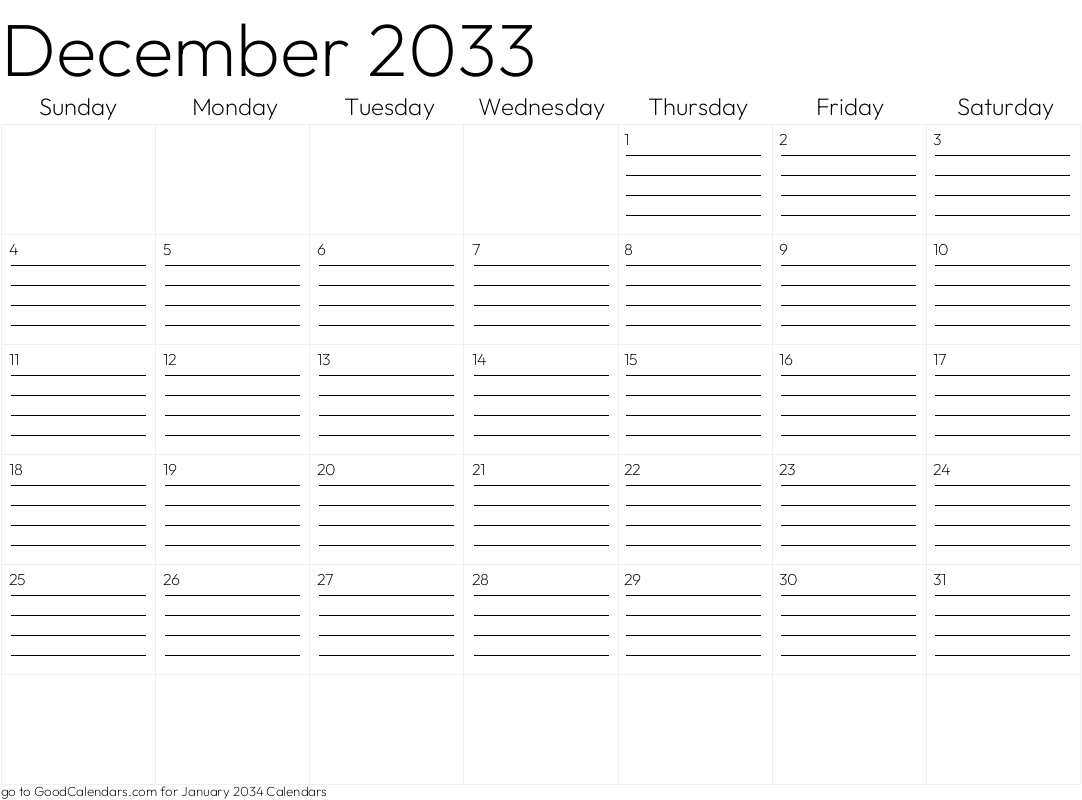 Lined December 2033 Calendar Template in Landscape