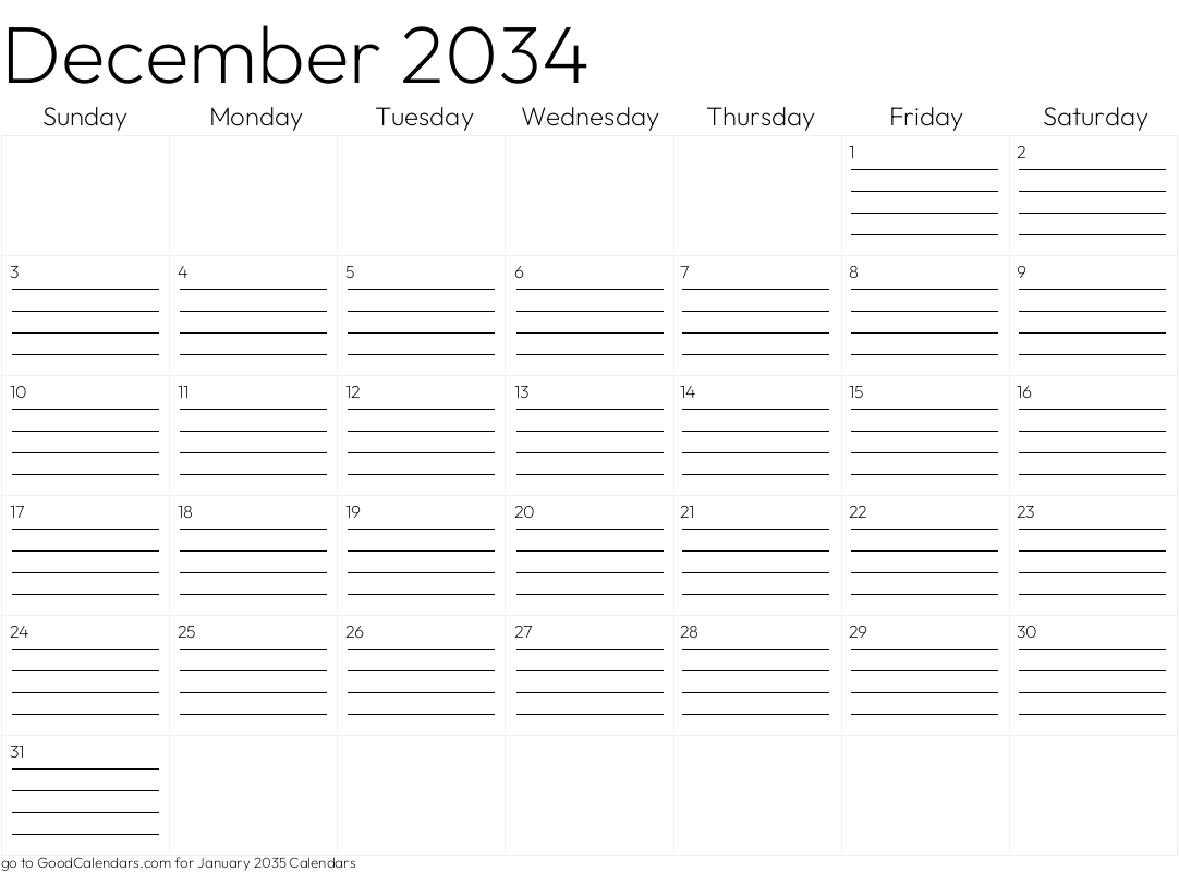 Lined December 2034 Calendar Template in Landscape