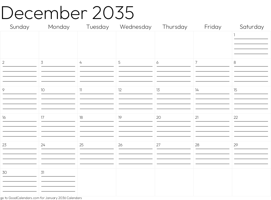 Lined December 2035 Calendar