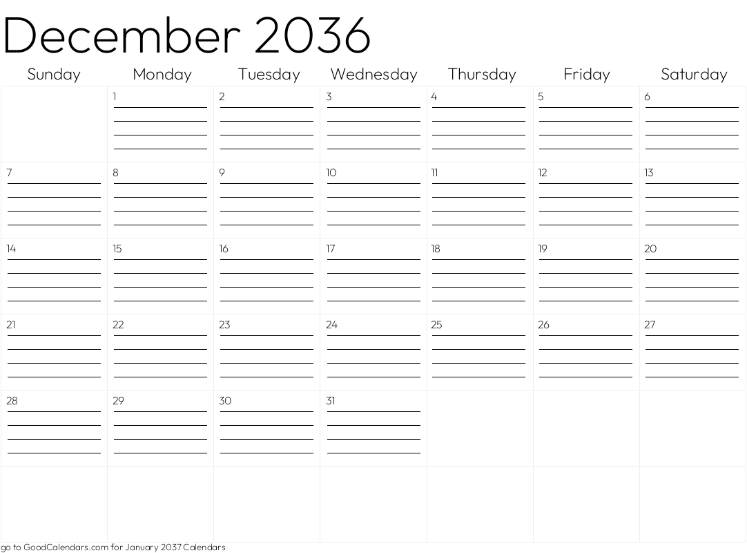 Lined December 2036 Calendar