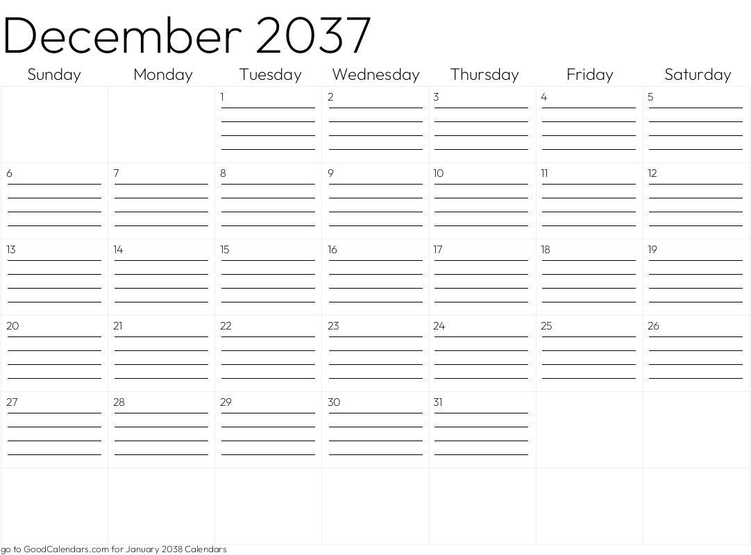 Lined December 2037 Calendar Template in Landscape