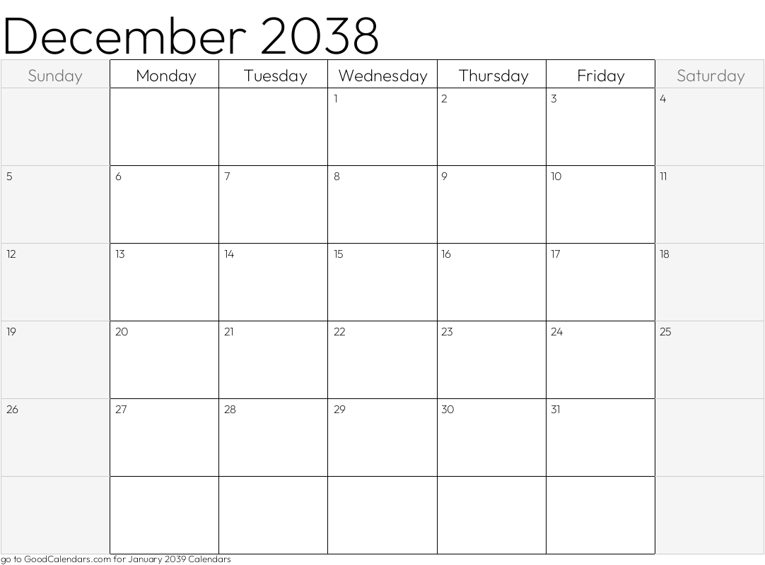 Shaded Weekends December 2038 Calendar Template in Landscape