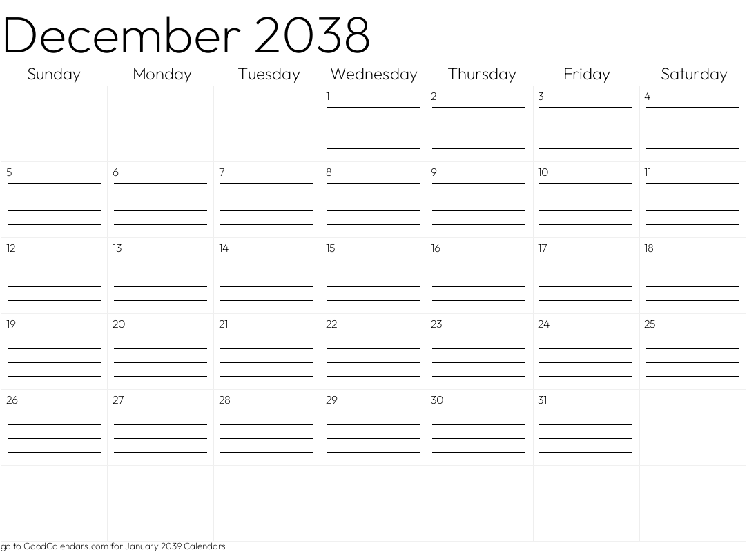 Lined December 2038 Calendar Template in Landscape