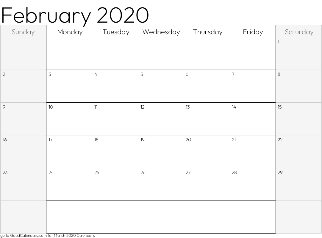 Shaded Weekends February 2020 Calendar Template in Landscape