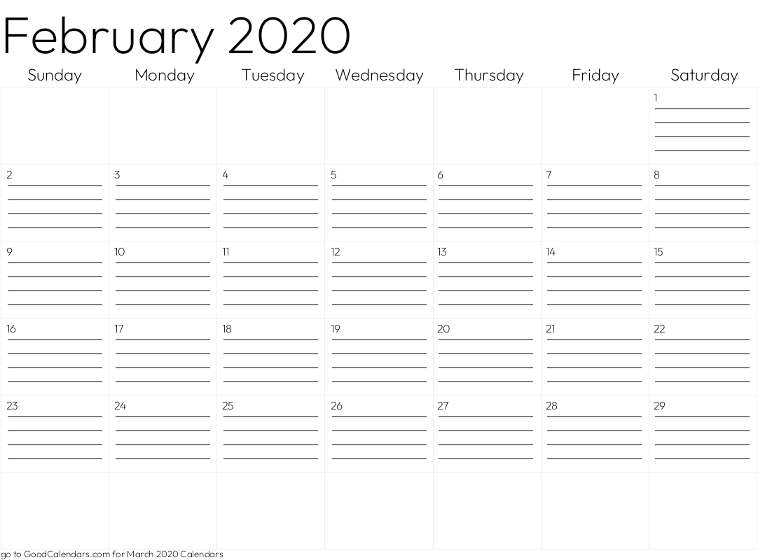 Lined February 2020 Calendar Template in Landscape