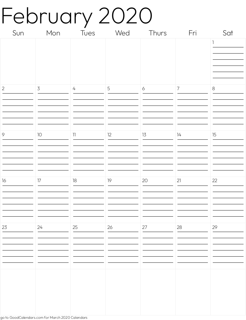 Lined February 2020 Calendar Template in Portrait