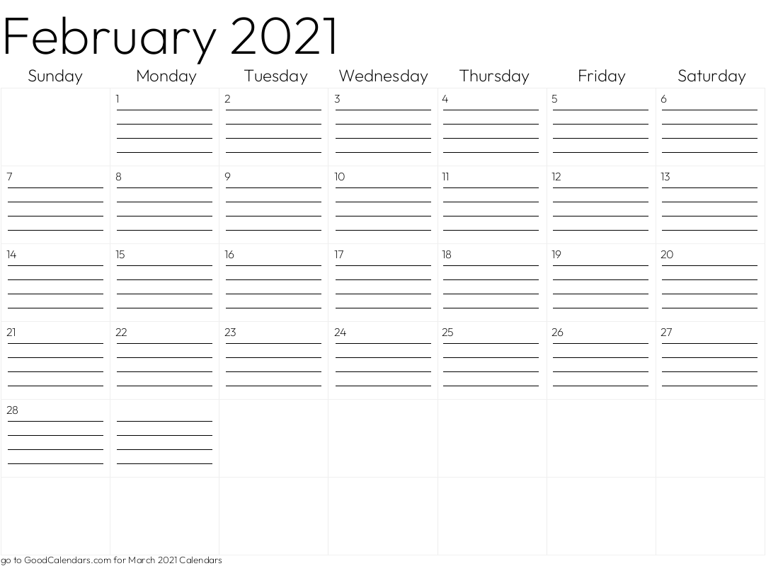 Lined February 2021 Calendar Template in Landscape