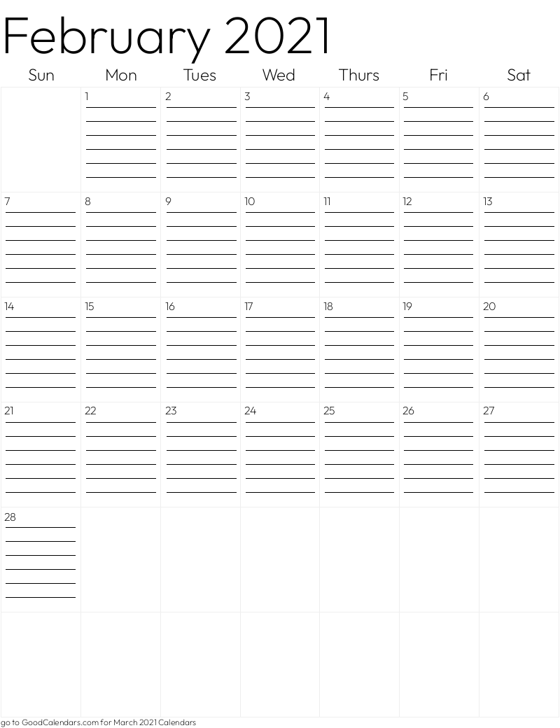 Lined February 2021 Calendar Template in Portrait