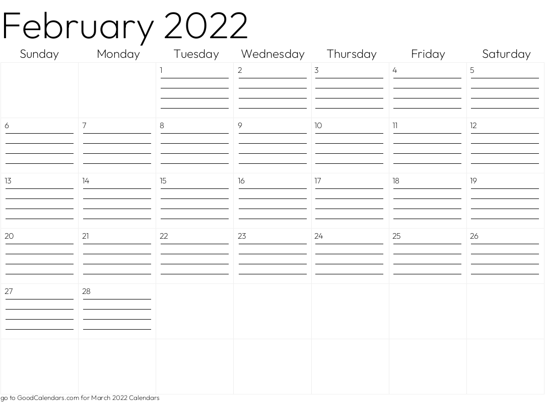 Lined February 2022 Calendar Template in Landscape