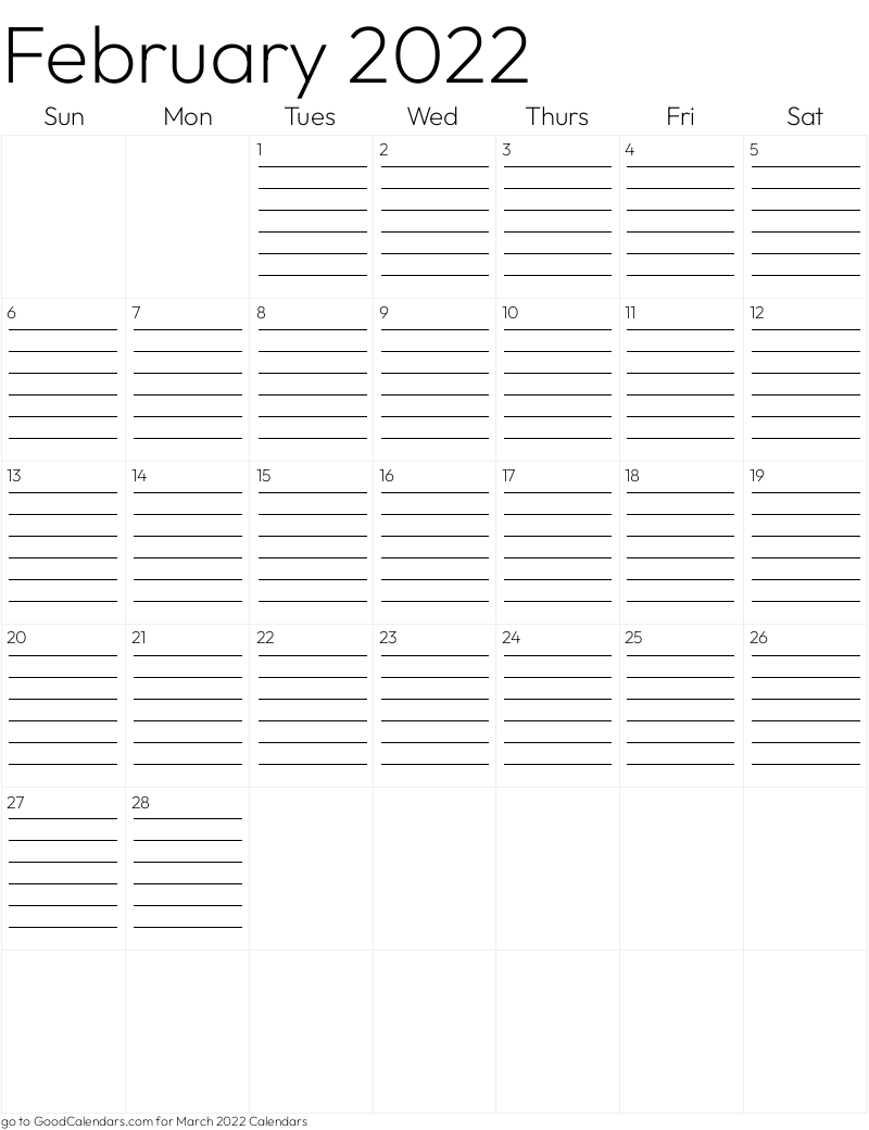 Lined February 2022 Calendar Template in Portrait