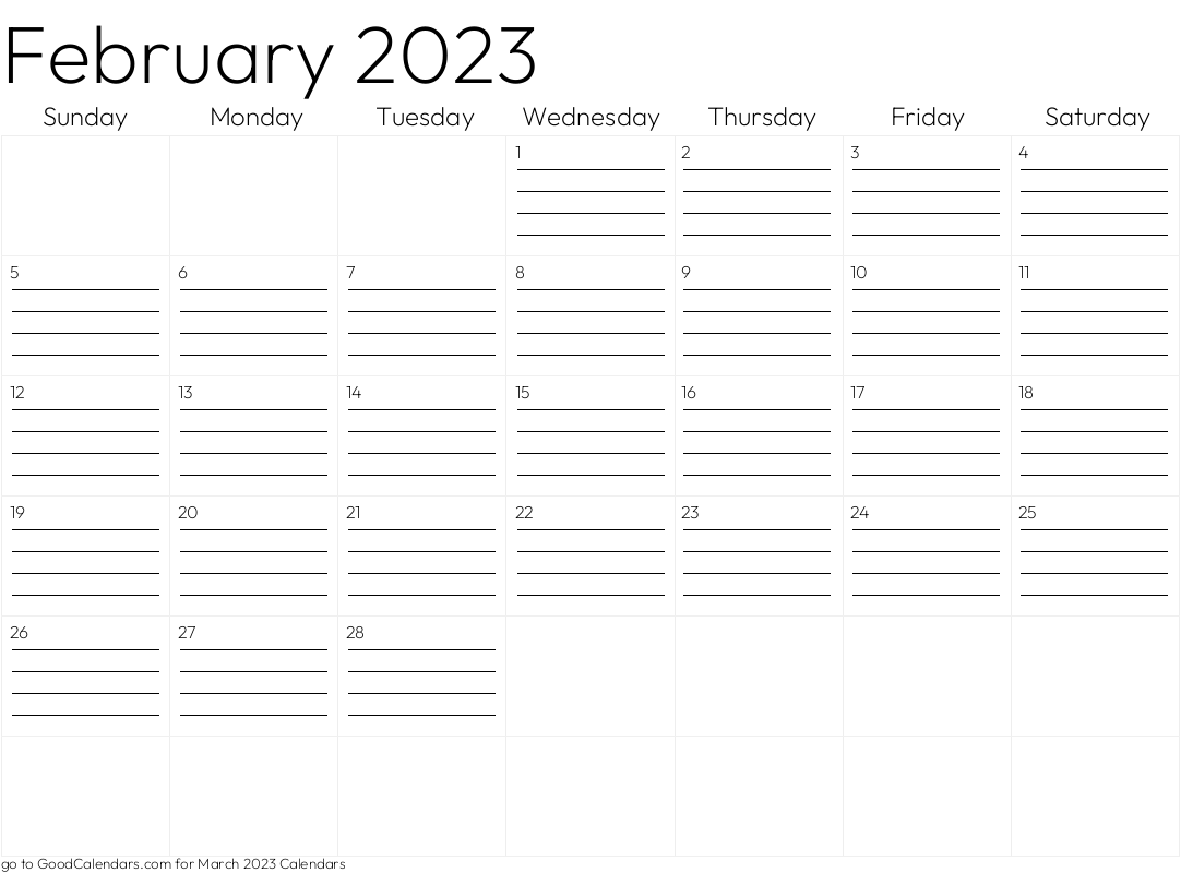 February 2023 Lined Calendar