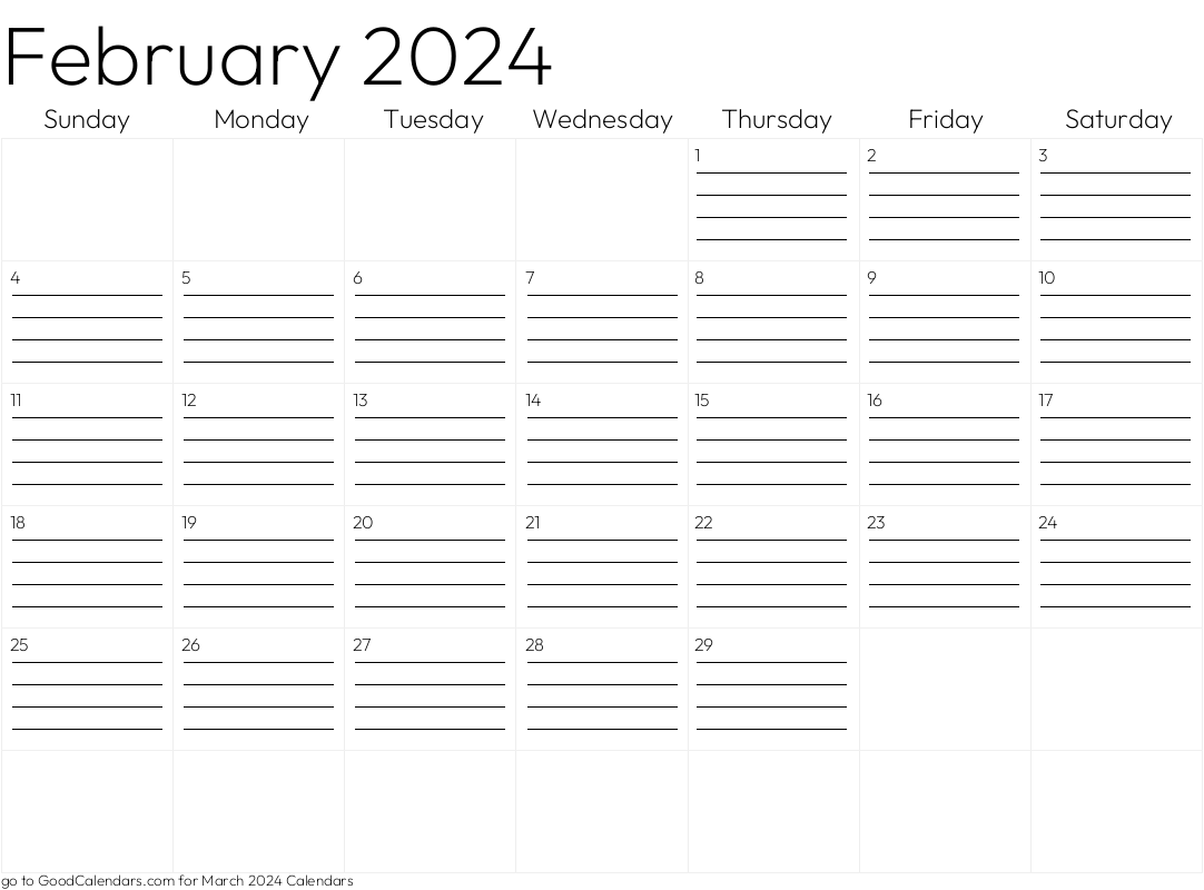 Lined February 2024 Calendar Template in Landscape