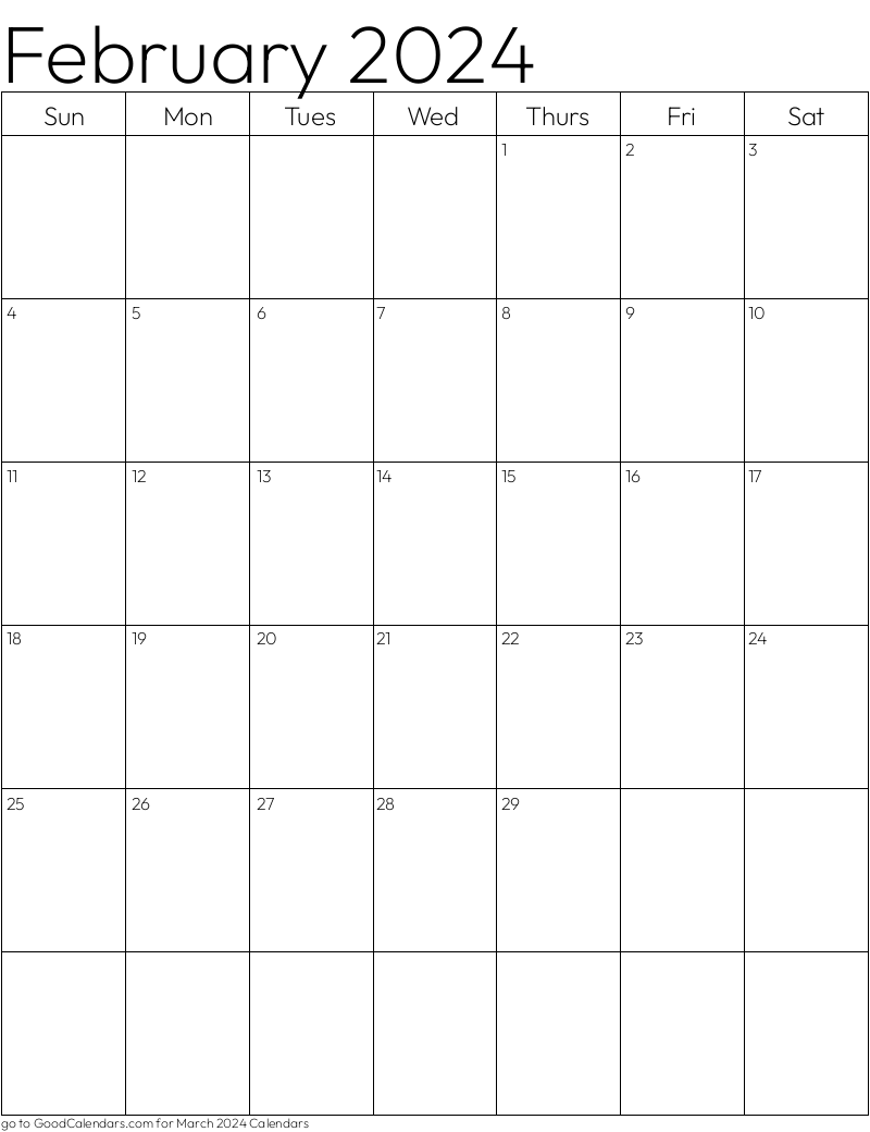 Standard February 2024 Calendar Template in Portrait
