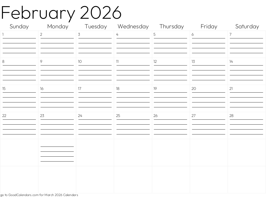 Lined February 2026 Calendar Template in Landscape