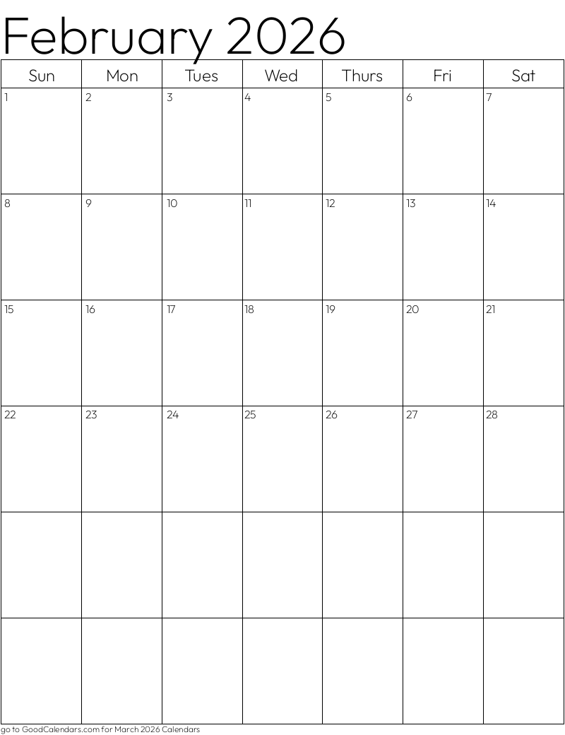 Standard February 2026 Calendar