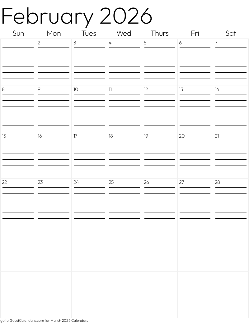 Lined February 2026 Calendar Template in Portrait