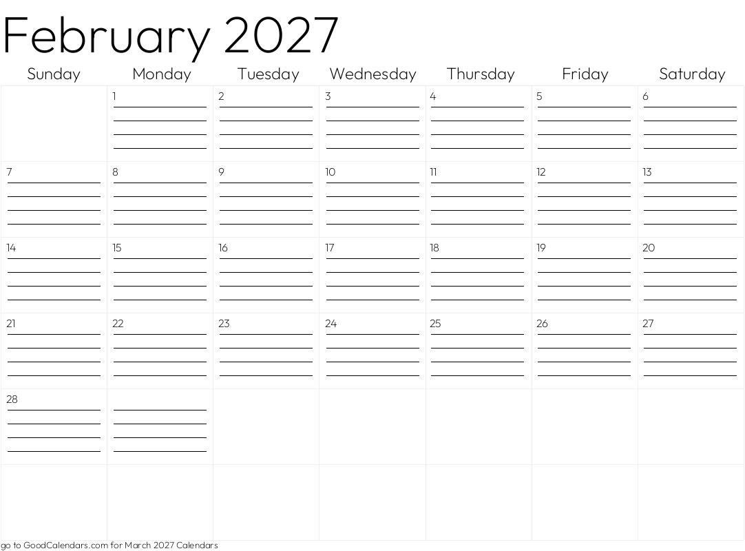 Lined February 2027 Calendar Template in Landscape