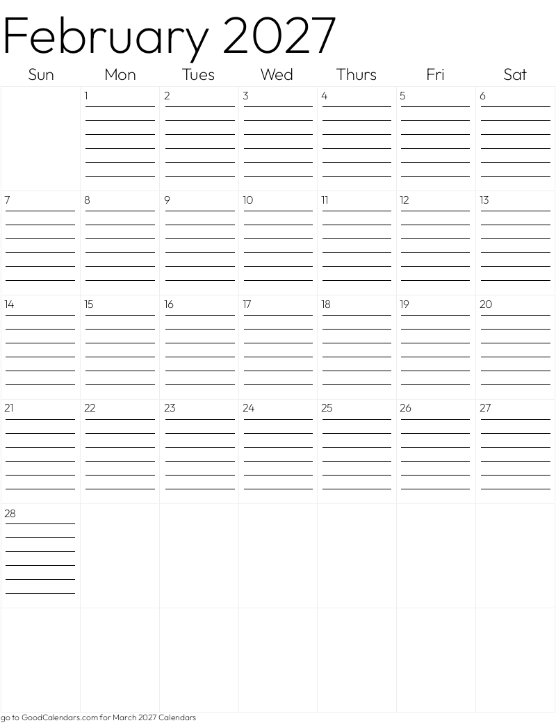 Lined February 2027 Calendar Template in Portrait