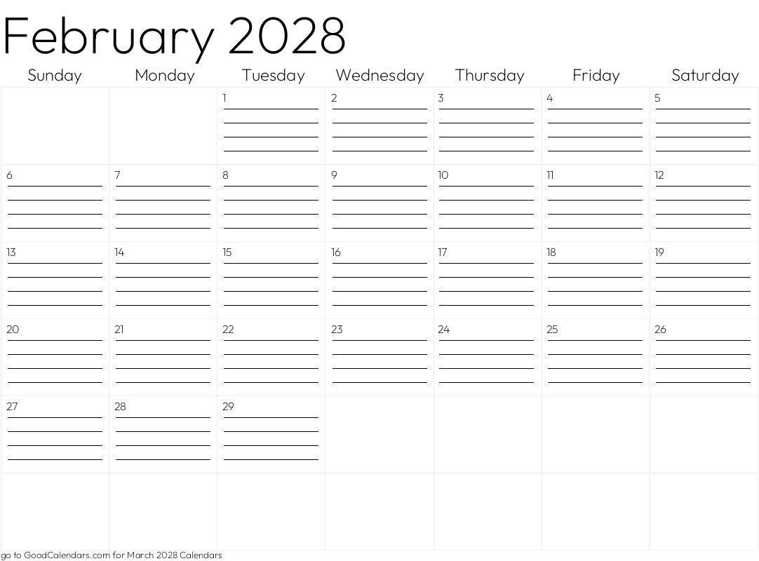 Lined February 2028 Calendar Template in Landscape