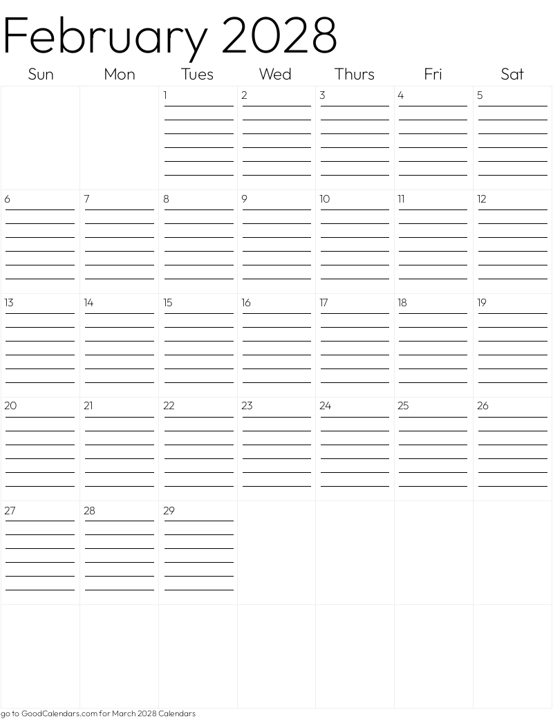 Lined February 2028 Calendar Template in Portrait