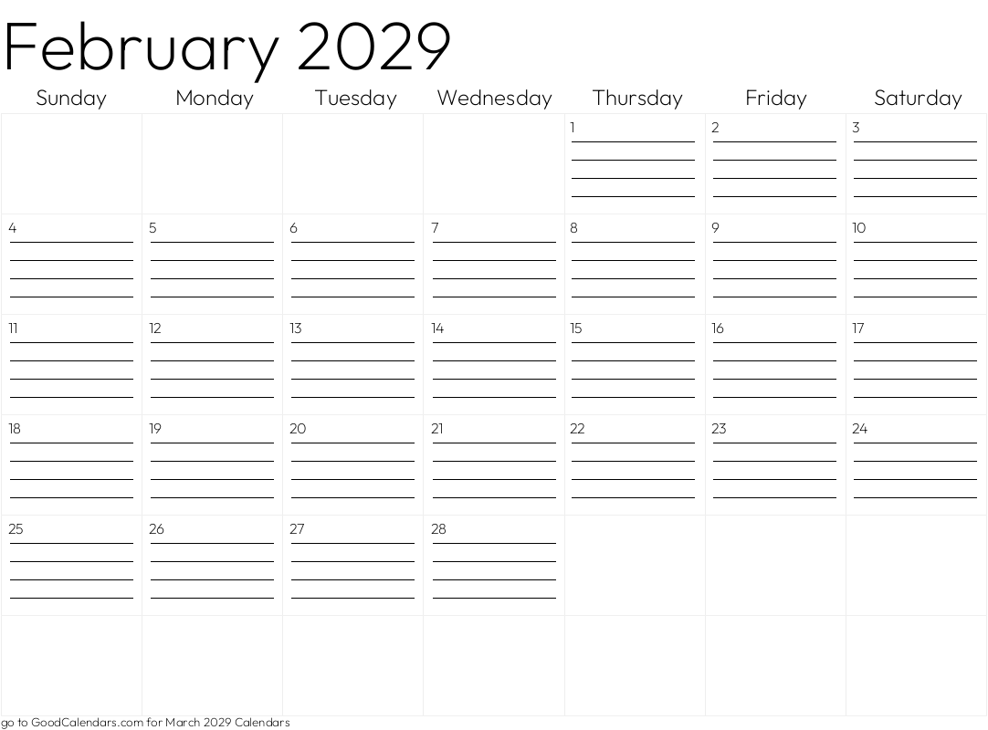 Lined February 2029 Calendar Template in Landscape