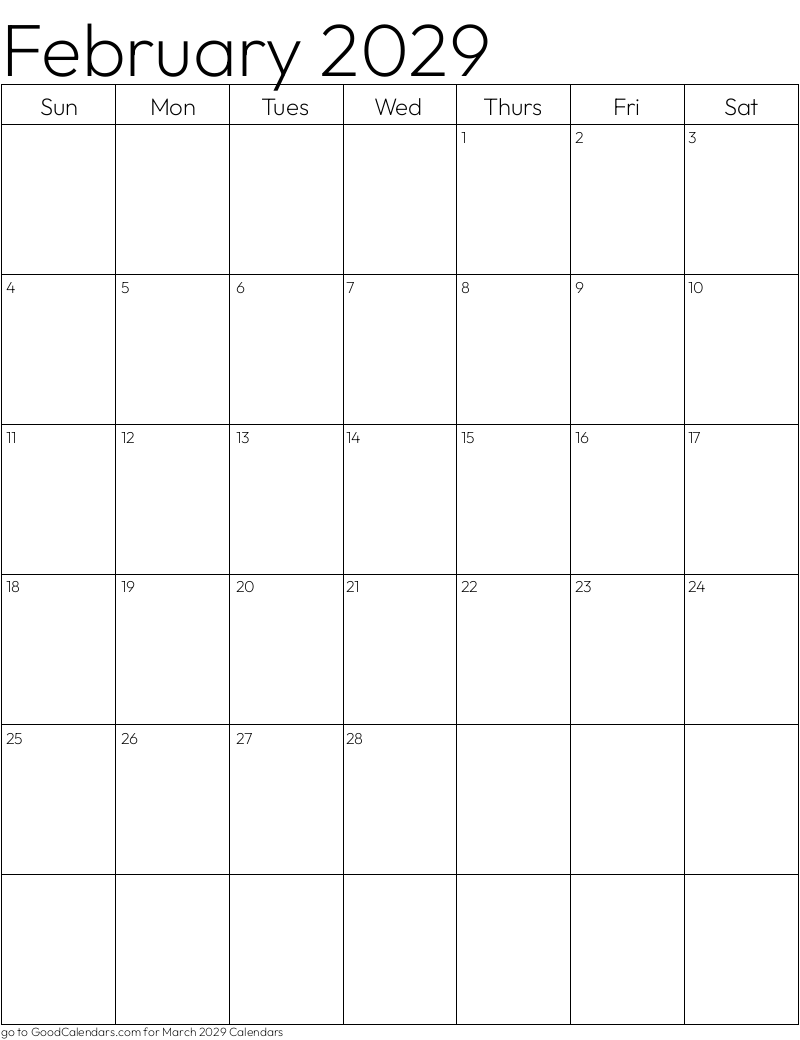 Standard February 2029 Calendar Template in Portrait