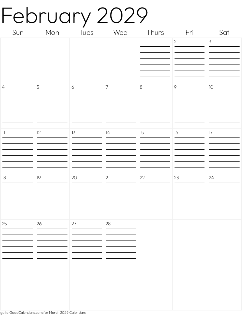 Lined February 2029 Calendar Template in Portrait