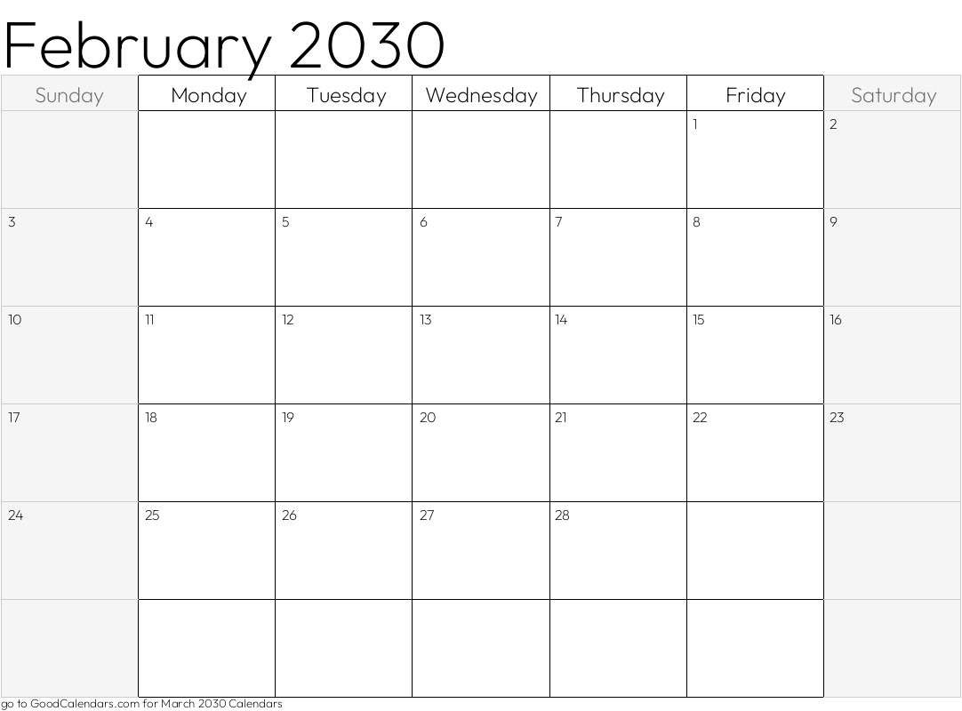 February 2030 Calendar with shaded weekends