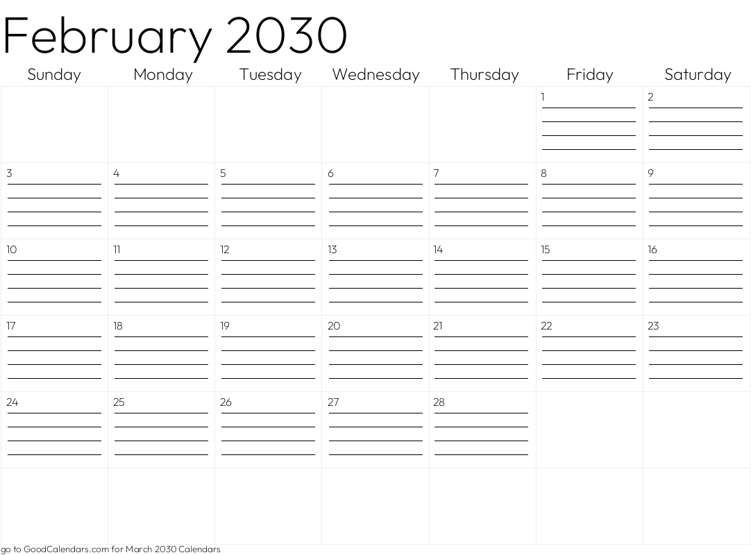 Lined February 2030 Calendar Template in Landscape