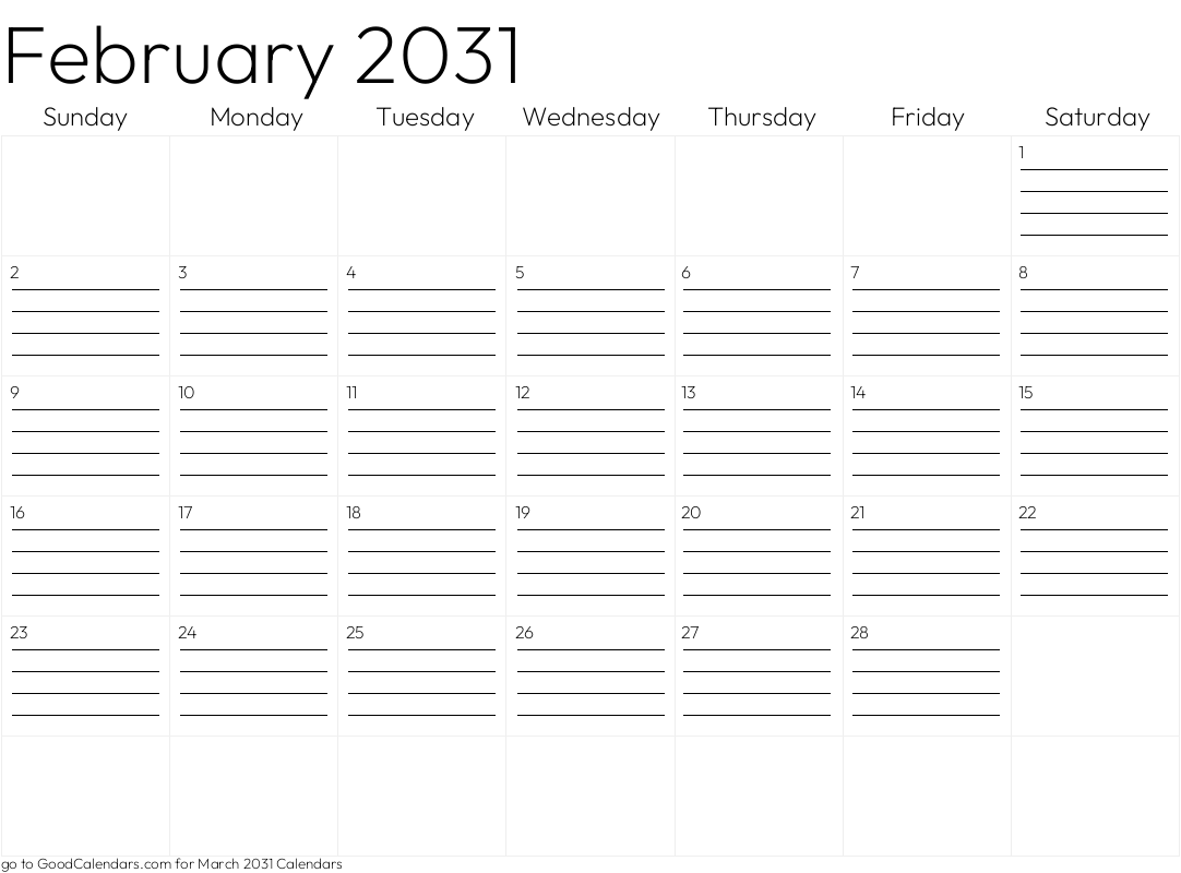 Lined February 2031 Calendar Template in Landscape