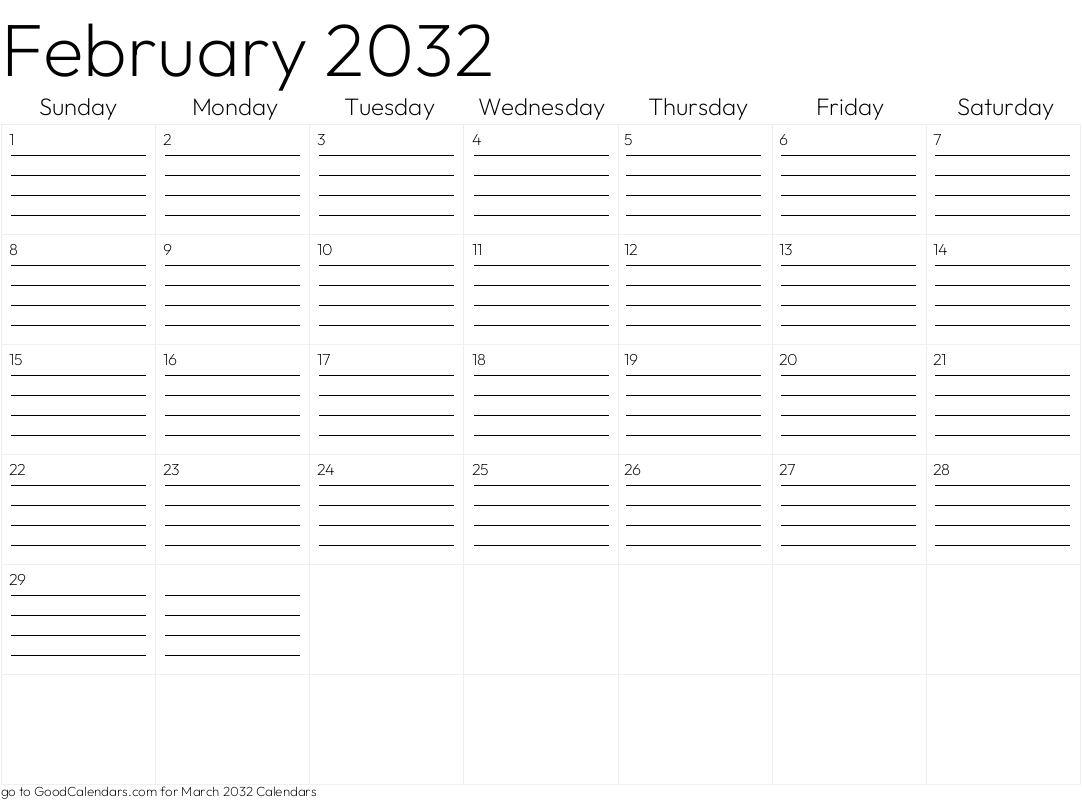 Lined February 2032 Calendar Template in Landscape