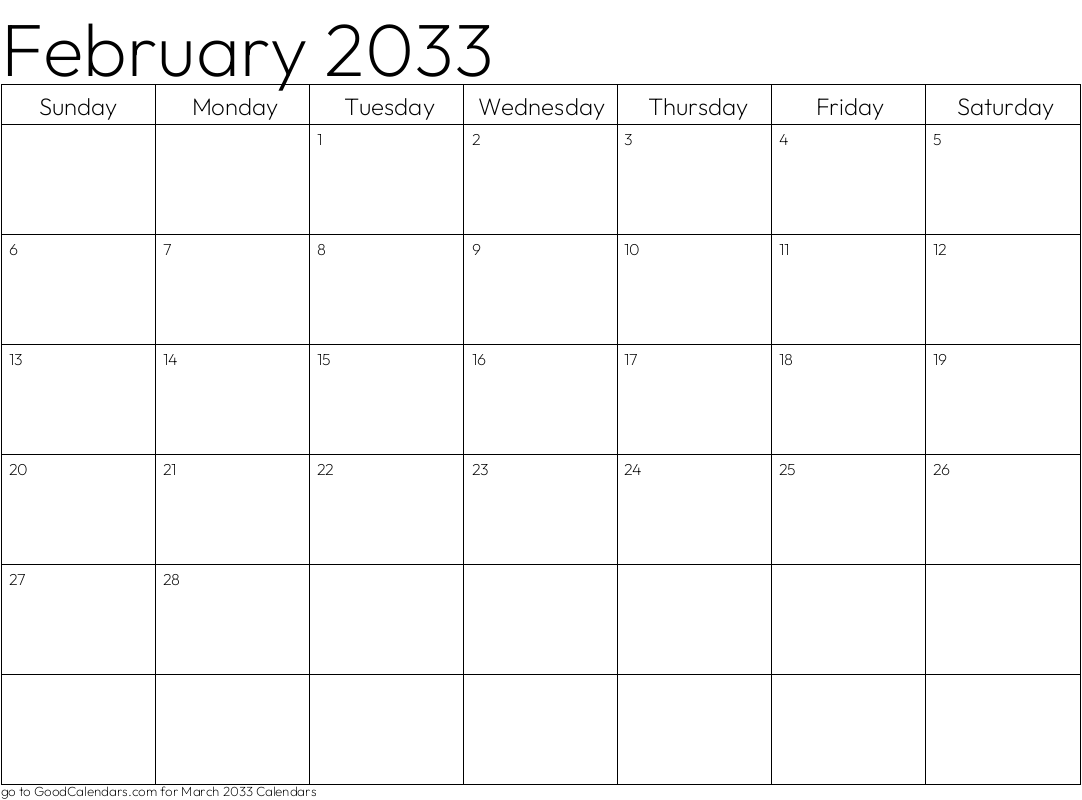 Standard February 2033 Calendar