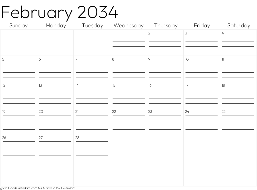 Lined February 2034 Calendar