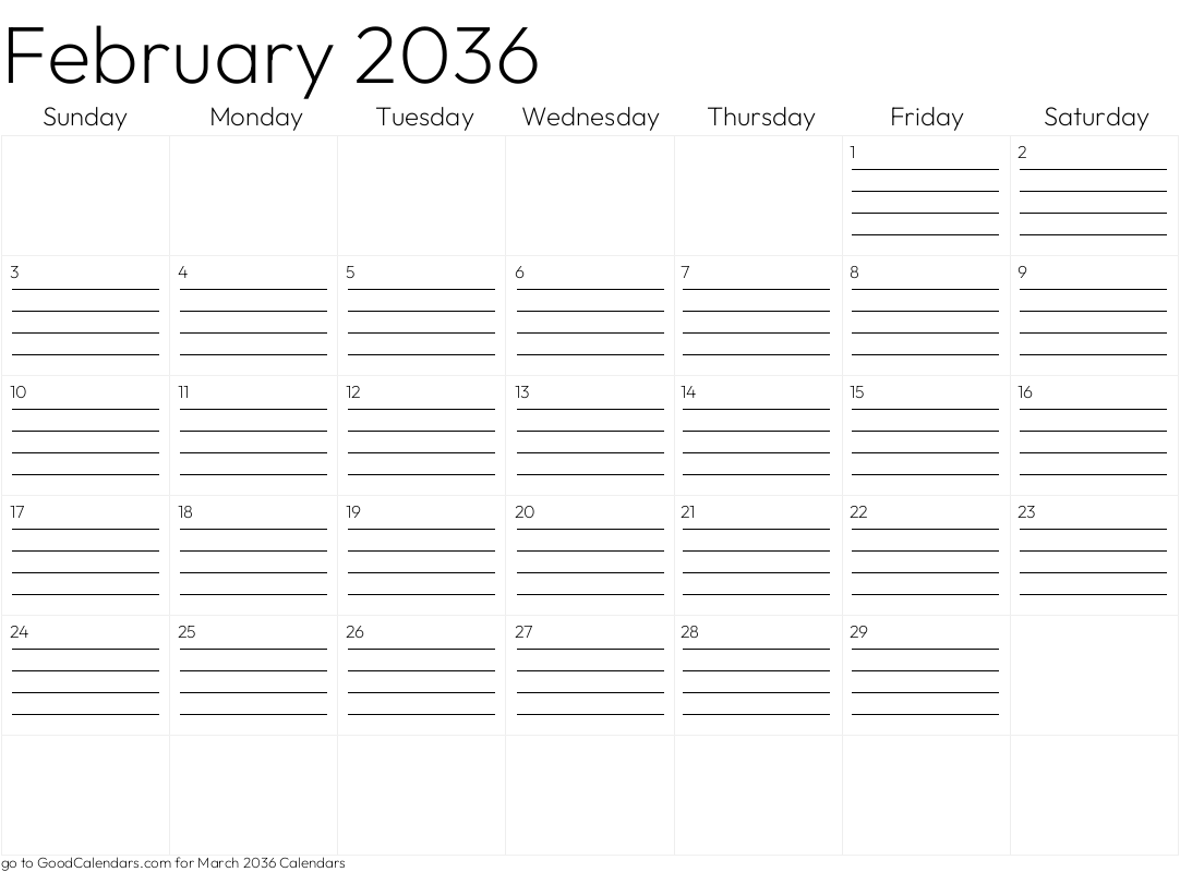 Lined February 2036 Calendar Template in Landscape