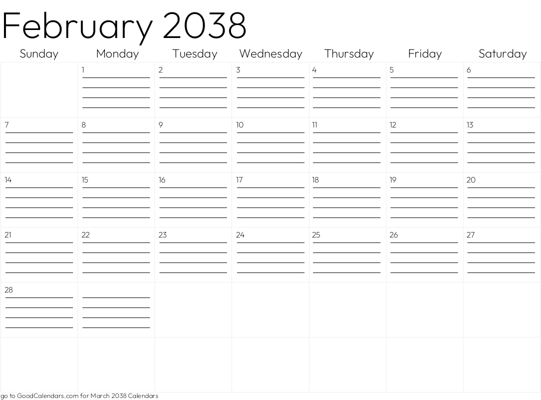 Lined February 2038 Calendar Template in Landscape